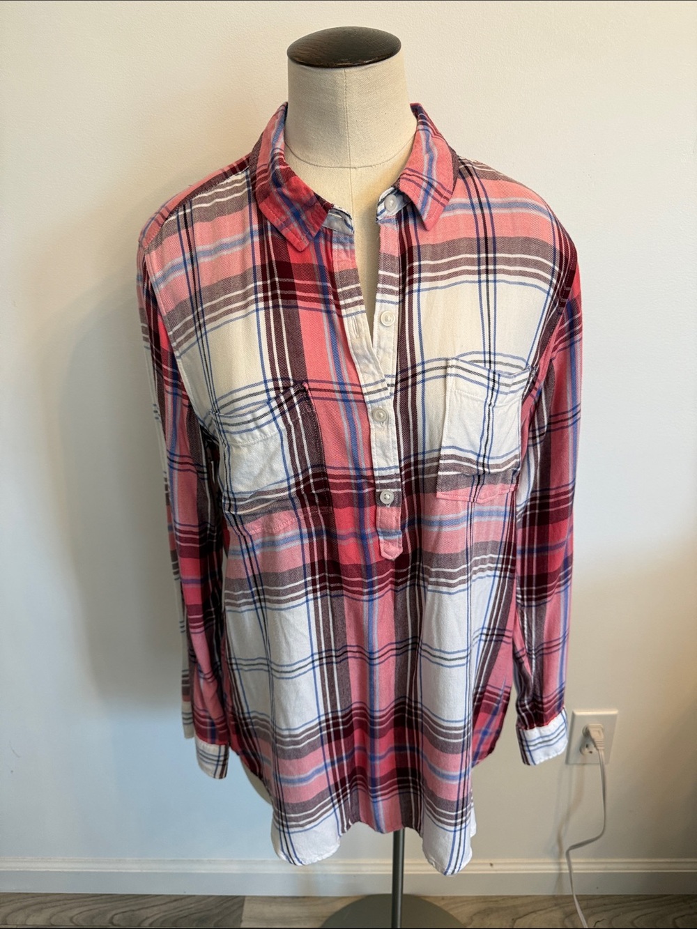 SO Pink, White and Brown Plaid Button Front Blouse